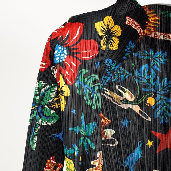 Pleats Please Issey Miyake Hawaii Motif Black Fringe-Hem Cardigan, Size XL - Picture 4 of 9